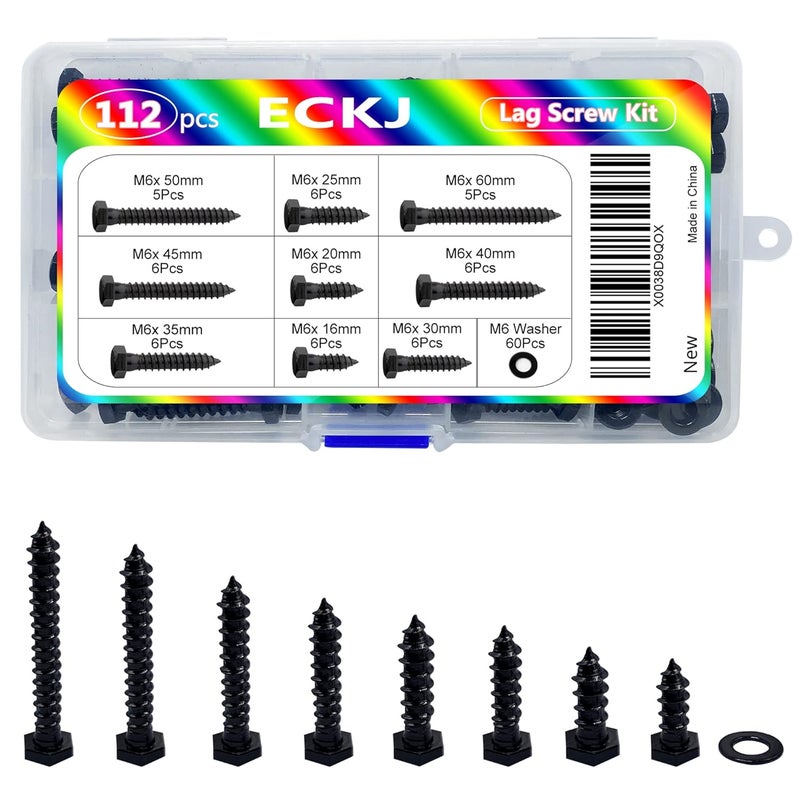 ECKJ Hex Lag Bolts 112PCS M6 Hex Head Lag Screws Washers Assortment Kit Fully Thread Heavy Duty Hexagon Wood Screw Zinc Plated Black Metric Length Include 16/20/25/30/35/40/45/50/60mm - Image 2
